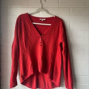 Madewell Red V-Neck Sweater with Button Detail